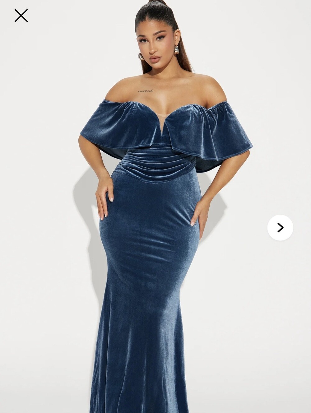 Fashion Nova Off-Shoulder Velvet Maxi Dress in Slate Blue